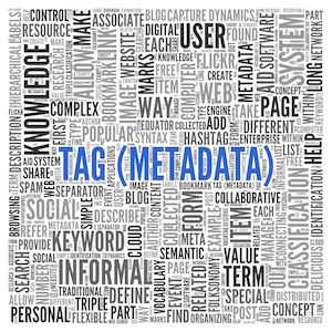 Blue Tag Metadata Texts with Other Related Keywords in Word Tag Cloud Design for Web Concepts.